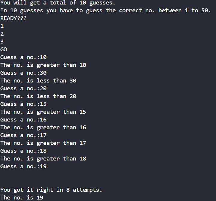 Sample output of Create A Random Number Guessing Game In Python 